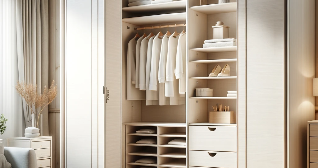 DALL·E 2024-01-16 20.45.25 - A custom-designed 19 mm white melamine wood wardrobe in a realistic room setting, suitable for a carpentry website. The wardrobe is open, displaying i