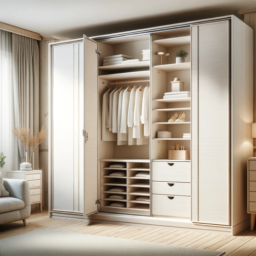DALL·E 2024-01-16 20.45.25 - A custom-designed 19 mm white melamine wood wardrobe in a realistic room setting, suitable for a carpentry website. The wardrobe is open, displaying i